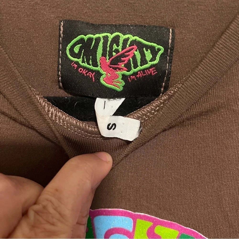 OMighty Brown Body-con Mushroom T-shirt Dress With Ruched Tie Sides Sz Small - Picture 7 of 8